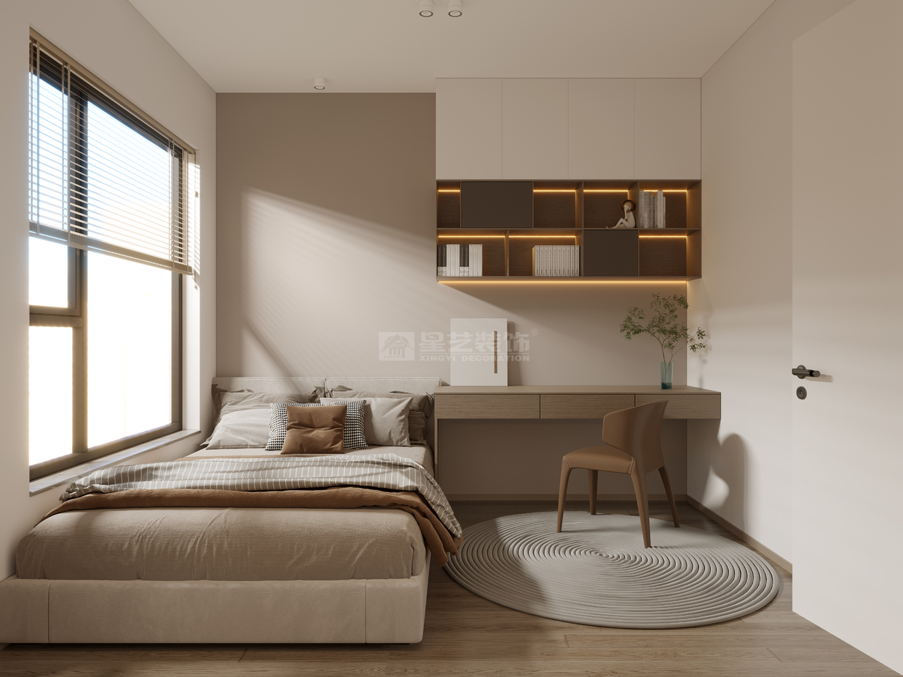 次卧延续纯粹的色调和自然舒适的氛围，以功能载体上的连接性扩容空间视觉感，书桌兼具床头柜功能与床头靠背一线生成，营造干净舒适的休息空间。
